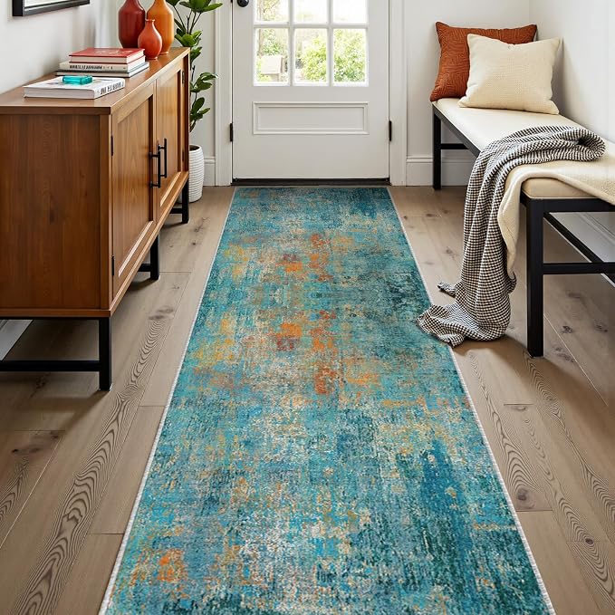 RELEANY Washable Runner 2'x8' Abstract Area Rug for Hallway Teal Multi | carpet for kitchen, entryway, bathroom, living room, bedroom, printed pattern, non-slip, soft, stain-resistant, easy to clean