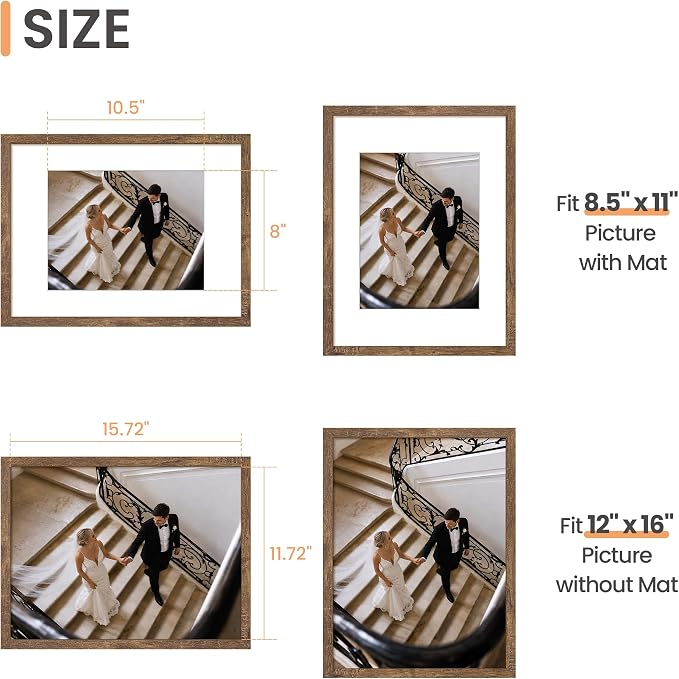 upsimples 12x16 Frame, Display Pictures 8.5x11 with Mat or 12x16 Without Mat, Wall Hanging Photo Frame, Rustic Brown, 1 Pack