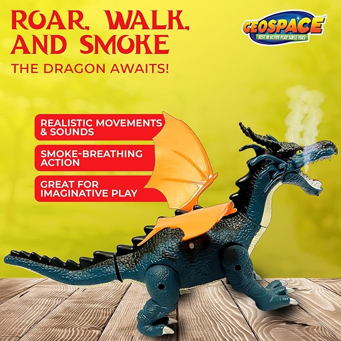 Geospace New Dragon Walking Dinosaur Toy – Smoke Breathing Fire Dragon Toy for Kids 3 & up, Walking Dinosaur Toys with Lights, Roaring Sound, Dragons Action Figure, Dragons for Gift (Blue)