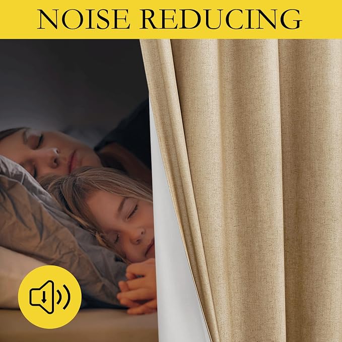 NICETOWN 100% Absolutely Blackout Linen Curtains with Thermal Insulated White Liner, Camel, 42" Wide by 45" Long, 2 Pieces, Linen Blend Window Drapes Privacy Window Treatments for Bedroom/Kids Room