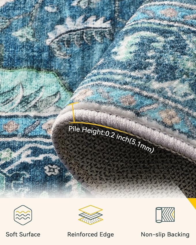 RELEANY Area Rugs Runner 2'6"x12' Washable Non-Slip, Floral Vintage Distress Medallion Carpet for Kitchen Hallway Bedroom Beside Laundry Room Bathroom, Teal Green Lake Blue Turquoise