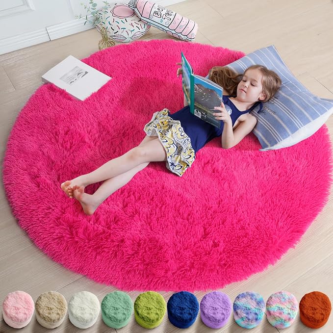 Hot Pink Small Round Rug 3Ft for Girls Bedroom, Fluffy Circle Area Rugs for Kids Room Decor Aesthetic, Shag Plush Fuzzy Furry Carpet for Playroom, Nursery, Dorm, Classroom, Teen, Cute Shaggy Baby Rug
