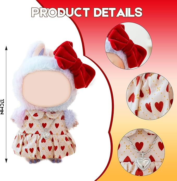 Clothes for Labubu Doll,6.7 Inch Doll Clothing Set - 4 Pieces of Handmade Clothes and Accessories for 17cm Plush Toy - Pink and White Colorblock Piglet Top + Pink Tutu Skirt + Bow Tie