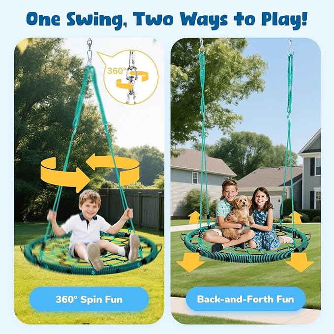 Trekassy 750lbs 40“ Spider Web Saucer Tree Swing for Kids Adults, Outdoor Net Swing with Steel Frame and 2 Hanging Straps-Green+Black (Patented)