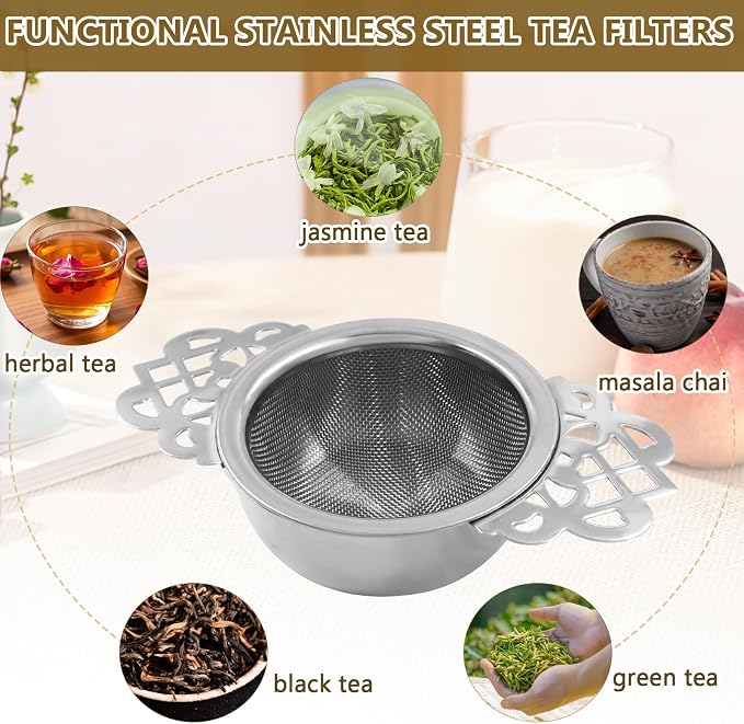 2 Pack Fine Mesh Tea Strainers with Drip Bowls, Stainless Steel Loose Leaf Tea Filter, Double Wing Handles for Mugs & Cups 2.5-4 Inch Mouth, Silver