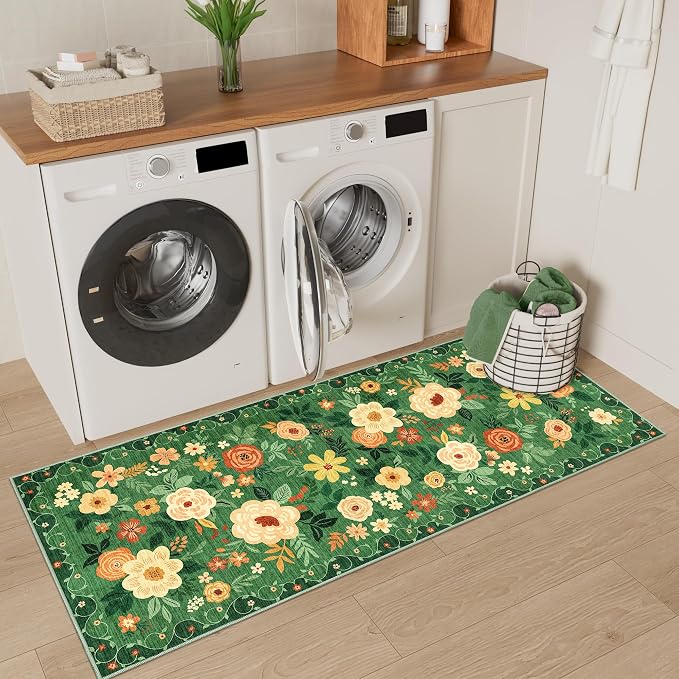 DUKINO 2x5 Runner Rug, Floral Washable Rug for Kitchen Non Slip, Dark Green | Low Pile, Soft, Stain Resistant Indoor Rug Runner for Entryway, Hallway, Bedroom, Bathroom, Laundry, Pet Friendly, Home Decor