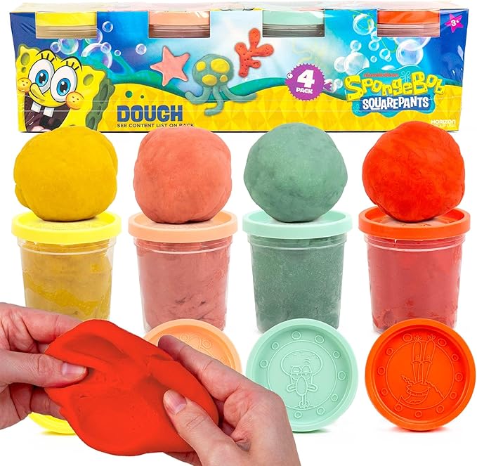 Spongebob Squarepants™ Dough 4-Pack, Sensory Dough in Resealable Storage Containers with Character Impression Molded Lids, Spongebob Toys, Kids Party Favors