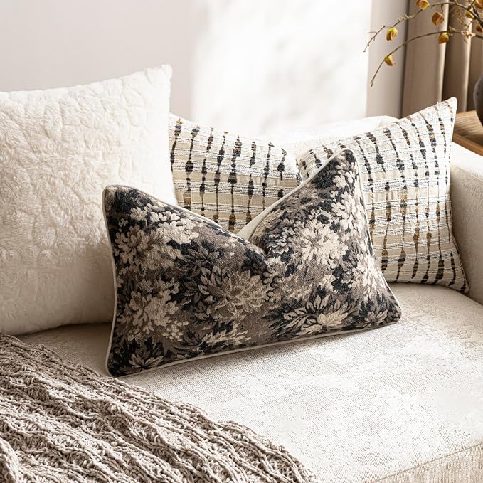 Pack of 2 Vintage Floral Pillow Covers 12x20 Boho Farmhouse Accents Chenille Rectangular Lumbar Decorative Throw Pillow Cases for Living Room Couch Bed Home Decor, Taupe