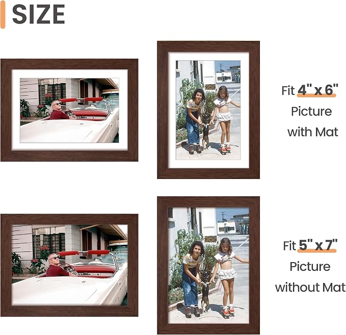 upsimples 5x7 Picture Frame, Display Pictures 4x6 with Mat or 5 x 7 Without, Wall Hanging Photo Frames, Brown, 1 Pack