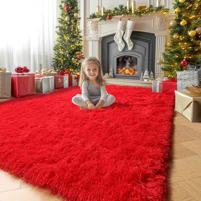 Amdrebio Red Fluffy Fuzzy Rug 5x8 for Boys Bedroom Living Room Classroom | Furry Soft Plush Shaggy Floor Carpet, Nursery Dorm Playroom Office Christmas Decor, Baby Toddler Kids Corner, Pop Aesthetic