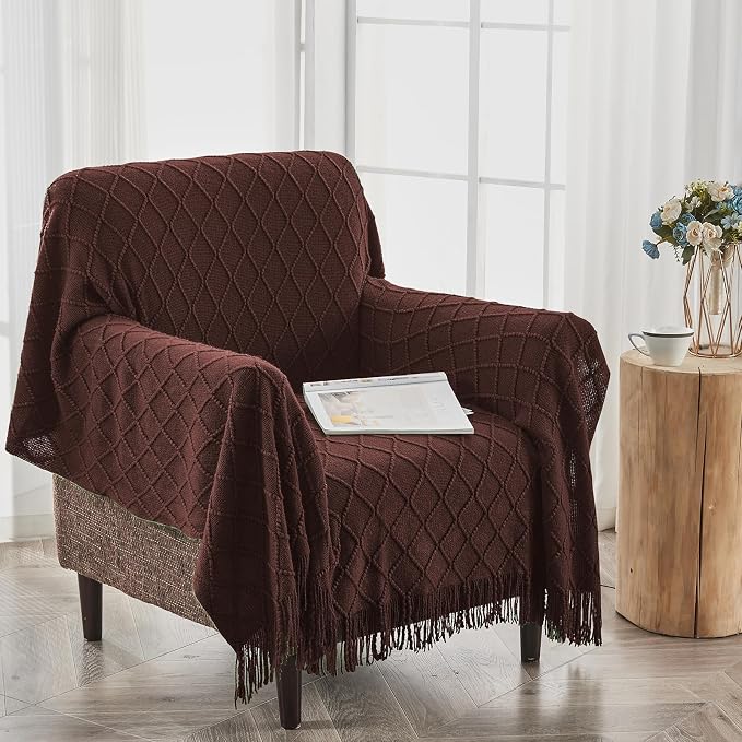 inhand Diamond Brown Knitted Throw Blanket for Couch and Bed, 60"x80" | Soft Cozy Knit Blanket with Tassel, Lightweight Decorative Blankets and Throws, Farmhouse Warm Woven for Men and Women