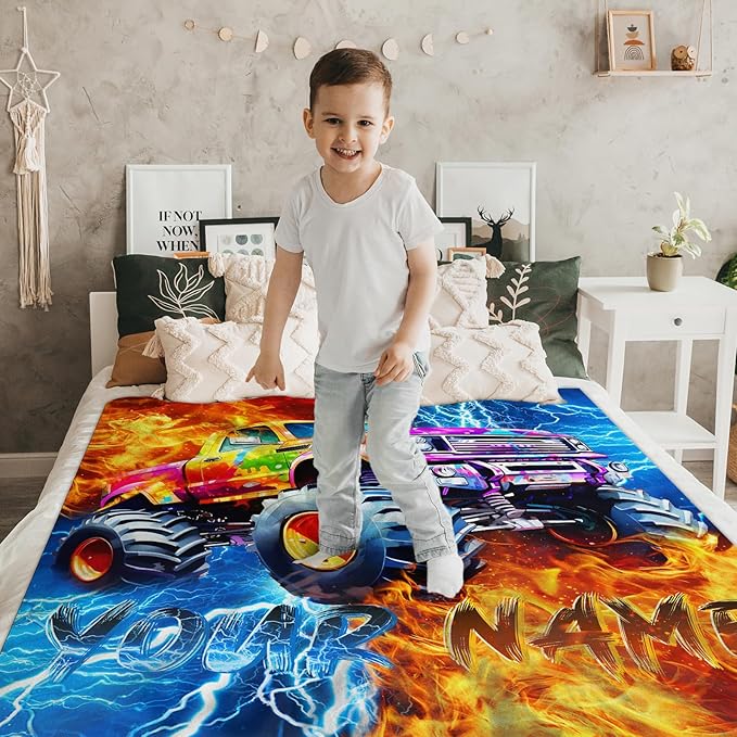 Trucks Blanket Personalized Car Throw Blankets Gift for Kids Teens Truck Lovers, 30x40 Inches Soft Cozy Lightweight Custom Throw for Sofa Chair Bed Office Home Decor