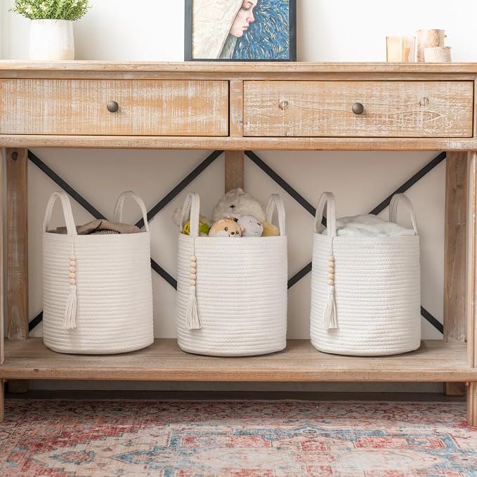 Mkono Woven Storage Basket for Blanket, Toys Plant Organizer, 11"W x 11"L | White, Cotton, Decorative Basket with Handle, Wood Beads Tassel, Shoes Towel Clothes Storage Bin, Living Room Bedroom Nursery