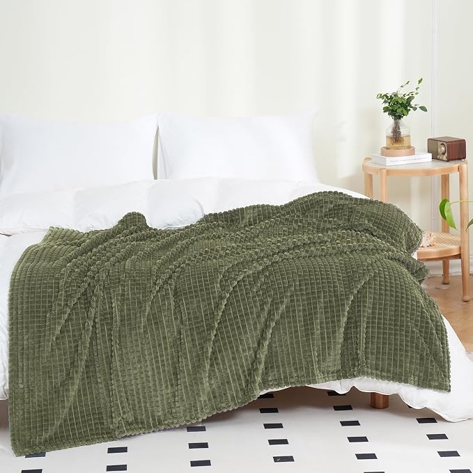 Puncuntex Fleece Throw Blanket Olive Green 90"×90" with Square Grid Design | Super Soft Plush Cozy Flannel Throw Blanket Luxury for Couch Sofa Chair