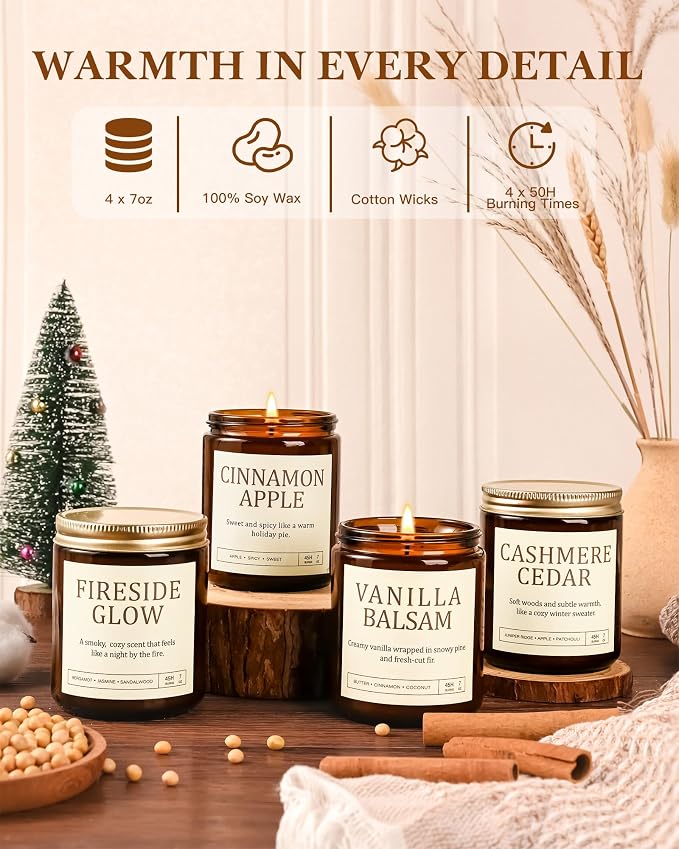 Scented Candles Gift Set, Long Lasting 4 Pack Aromatherapy Candles for Home | 28 oz 200 Hour Burn, Vanilla Balsam, Cinnamon Apple, Cashmere Cedar, Fireside Glow, Gifts