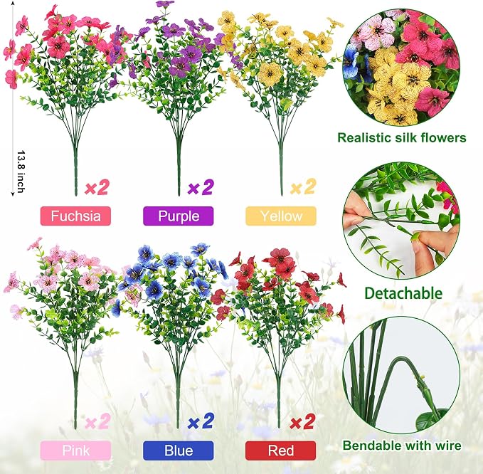 Ouddy Decor 12 Pcs Artificial Flowers for Outdoors Decorations, Multicolor | Colorful lifelike flowers, UV resistant, faux plastic plants, for garden porch window table vase home indoor outdoor decor