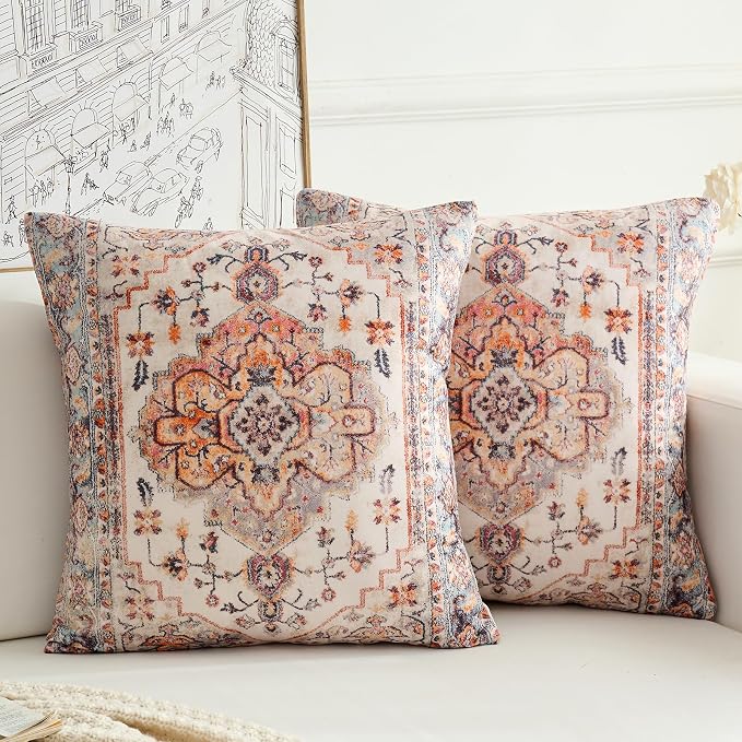 Boho Throw Pillow Covers 24x24 inch Set of 2,Boho Vintage Carpet Pattern Antique Ethnic Decor Double Sided Pattern Cushion Cover Soft Pillow Case Living Sofa Room Bed Square Pillow Cover