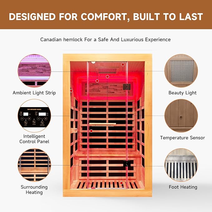 Infrared Sauna 2 Person Far Infrared Sauna Low-EMF Canadian Hemlock Wood Indoor Dry Saunas with Red Infrared Beauty Light Bluetooth Speaker Two Person Sauna 2250W 47.3 * 41.3 * 74.8 in