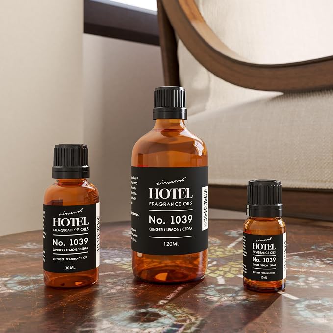Hotel Diffuser Oil No. 1039 Inspired By The Nobu Hotel - Ginger Lemon Cedar - Premium Fragrance Oil for Ultrasonic and Waterless Diffusers and Crafting - 120 mL, 4 fl oz Glass Dropper Bottle