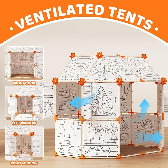 Interactive Kids Doodle Tent, Decorate and Personalize a Cardboard Fort, 328 Pieces Buildable Kids Play Tent, for 3+ Years Old Boys and Girls STEM Building