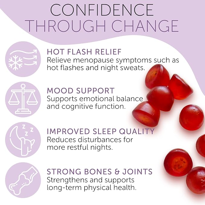 Menopause Gummies for Women | Menopause Gummy Vitamins | Relief for Hot Flashes, Night Sweats & Mood Swings | Helps Sleep Disruptions & Brain Function | 60 Vegan Gummies