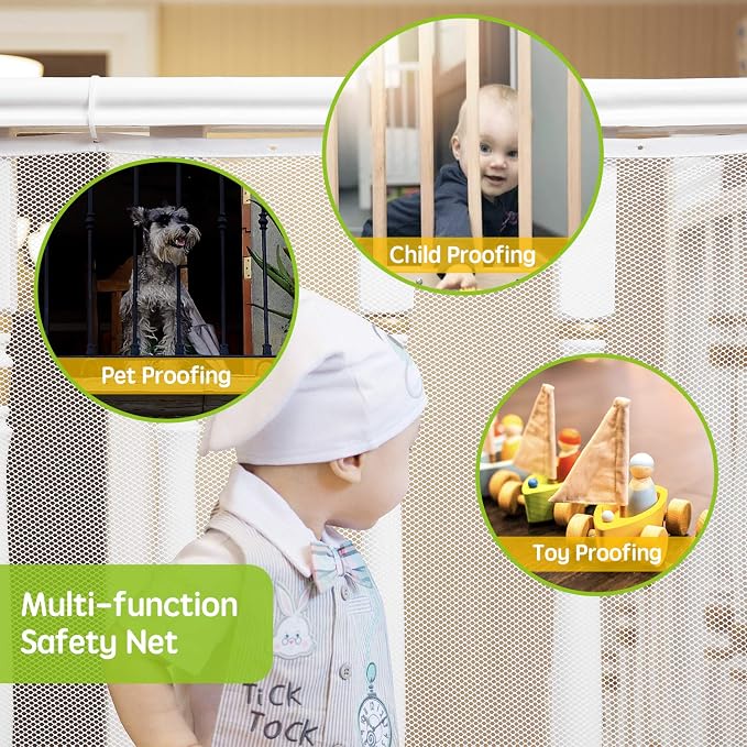 Baby Gates for Stairs with Banister, Guard Safety Net for Baby, 10ft x 3ft Stair Railing Mesh Barrier for Kids, Cats, Dogs, Child Safety Rail Guard, White
