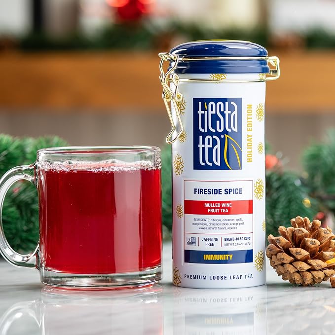 Tiesta Tea - Brewmaster and Cozy Fireside Tea Gift Set, Non-Caffeinated Loose Leaf Holiday Tea Blends with Infuser, Includes 16oz Tea Infuser & 2 Refillable Tins, Fireside Spice & Peppermint Cocoa