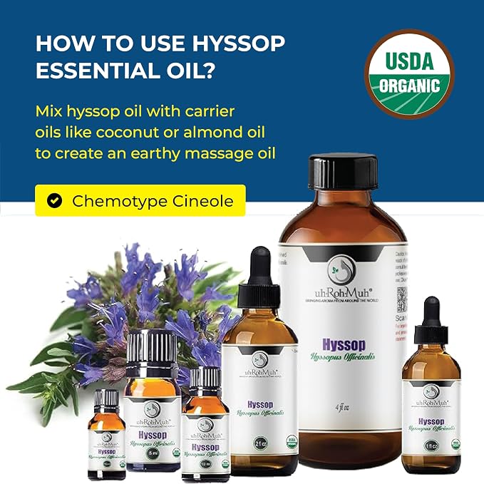 Organic Hyssop Essential Oil with Fresh Floral Scent, 100% Pure & Natural Essential Oil for Aromatherapy, Home Essential Diffuser Oil - USDA Certified Organic 1oz