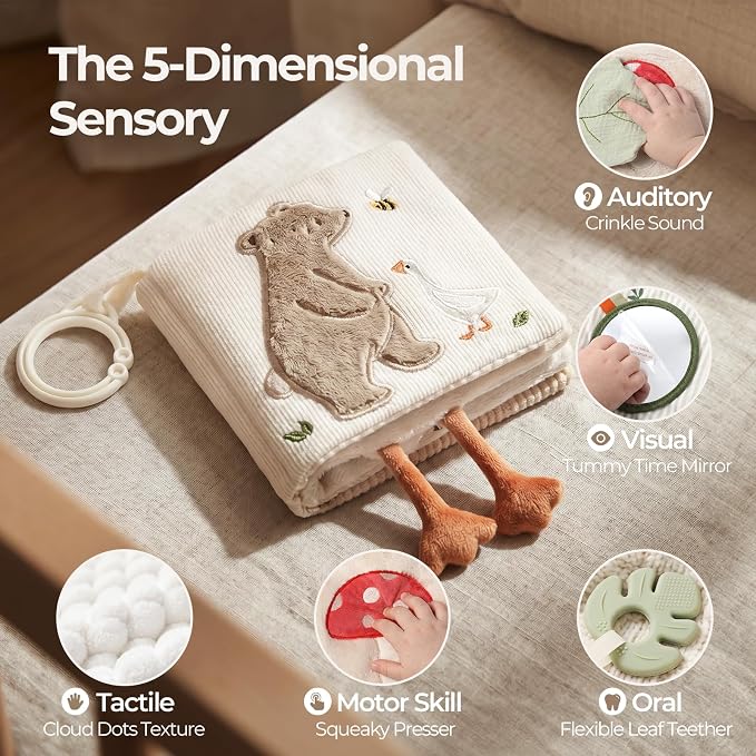 let's make Soft Baby Book, Sensory Crinkle Cloth Books for Babies 0-12 Months, Bear Goose Tummy Time Toy with Shatterproof Mirror, Squeaker, Food Grade Silicone Teether, Washable Stroller Newborn Gift