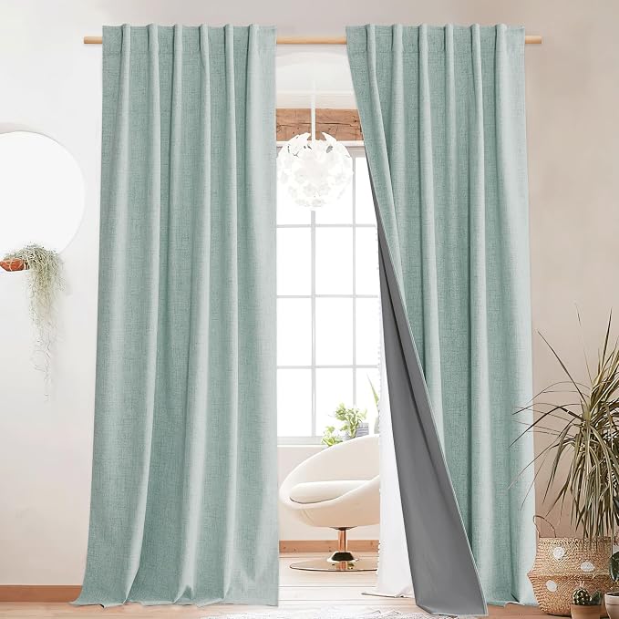 NICETOWN Full Blackout Linen Curtains for Living Room 102" Length with Thermal Insulated Liner, Farmhouse Style Keep Cool & Warm Large Window Drapes for Hall, Villa (2 Panels, 52" Wide, Seafoam Green)