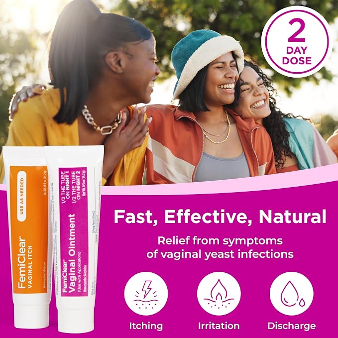 FemiClear Yeast Infection & Itch Relief Ointment Duo, 2-Day Dose, 1 Oz | Fast-Acting Soothing Care & Vaginal Relief for Itching, Irritation, Discharge, All-Natural, Organic Ingredients