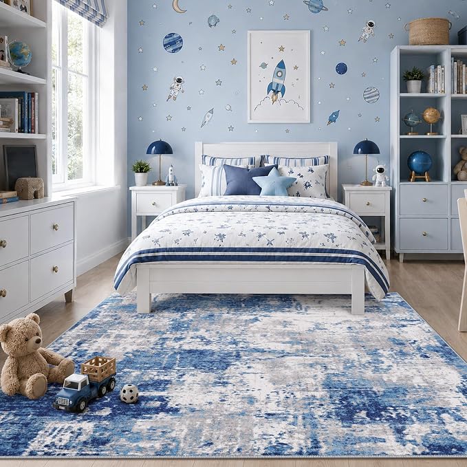 RELEANY Washable 6'x9' Abstract Area Rug for Living Room Blue Gray | carpet for bedroom, kitchen, office, hallway and entryway, printed pattern, non-slip, soft, stain-resistant, easy to clean