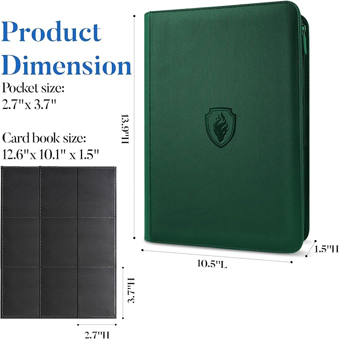 Premium Zip Card Binder, Fabmaker 9 Pocket Trading Card Binder, PU Cover Zipper Card Collection Album, Sturdy 360 Side-Loading Card Folder Holder for Game & Sports Cards, Dark Green