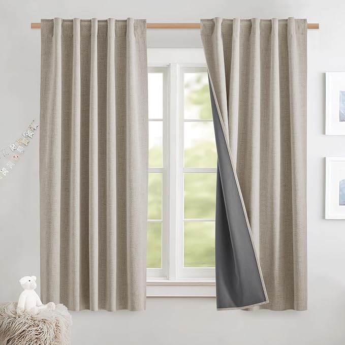 NICETOWN Natural Thick Linen Blend 100% Blackout Curtains with Grey Liners, Rod Pocket Back Tab Thermal Insulated Flax Textured Full Blackout Window Draperies for Kitchen (2 Panels, 42" W by 63" L)