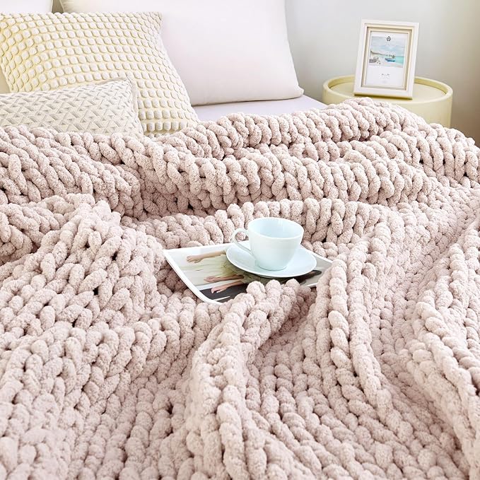 Chunky Knit Blanket Throw for Couch, 51"x63" Chunky Yarn Knitted Blankets | 100% Hand Knit Thick Chenille, Soft Breathable for Bed, Sofa, Home Decor, Cozy Gifts for Women Friends, Pink