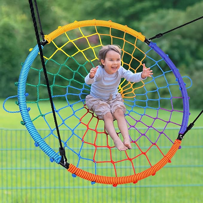 Trekassy 45" 750lbs Spider Web Tree Swing for Kids & Adults, Outdoor Steel Frame Saucer Net Swing with Swivel, Adjustable Ropes + 2 Tree Hanging Straps - Rainbow (Patented)