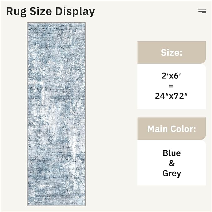 Soalmost Abstratc Runner Rug 2x6 Washable Kitchen Hallway Runners Blue/Grey | Non-Slip Low-Pile Rugs for Entry Bathroom Laundry Room, Vintage Foldable Floor Carpet Mat Entryway for Corridor Bedroom