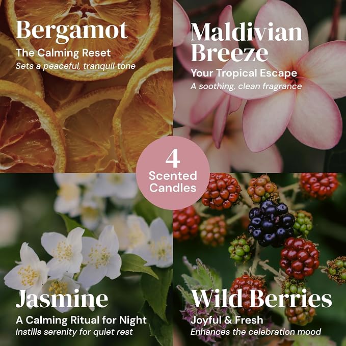 6-pc Scented Candle Gift Set for Mom, Aromatherapy Inspired, Adelegourdain | Incl. 4 Soy Wax Candles and 2 Fragrance Packets - Mom Gift Box - Scents incl. Bergamot, Maldivian Breeze, Jasmine, Berries