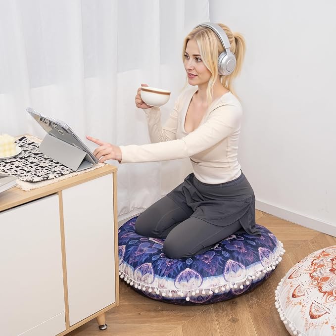 Meditation Cushion 32 Inch Round, Large Floor Pillow Seating for Adults, Bohemian Mandala Yoga Cushion, Extra Thick Memory Foam Removable Washable Cover, Ideal Gift & Holiday Decor, Purple