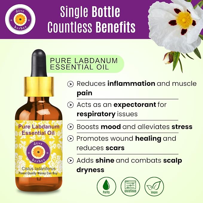 dève herbes Labdanum Essential Oil (Cistus ladaniferus) with Glass Dropper | Pure | Viscous Texture | Unisex | All Skin Types | External Use | Natural Extract | Steam Distilled 120ml (4 oz)