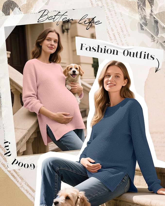 3 Pack Women's Maternity Shirts Long Sleeve Waffle Knit Side Split Oversized Tops Pregnancy Clothes Fall Tees