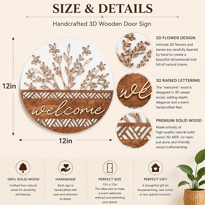 3D Wooden Welcome Sign for Front Door, Boho Rustic Round Door Hanger, Modern Farmhouse Wall Decor, Housewarming Gift for New Home, Porch & Fence Decoration for Spring, Summer, Fall and All Seasons