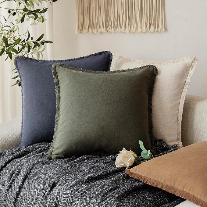Foindtower Set of 2 Decorative Linen Fringe Throw Pillow Covers Cozy Farmhouse Cushion Cover with Tassels Accent Pillowcase for Couch Chair Sofa Bed Living Room Home Decor,22×22 Inch,Dark Olive Green