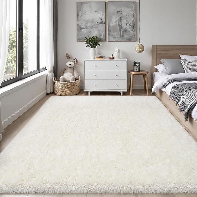 Area Rug for Living Room Bedroom: 5x7 White Soft Fluffy Shag Upgrade Non-Slip High Pile Carpet Large Fuzzy Plush Indoor Floor Decor Shaggy Rug for Kid Boys Girls Dorms Playroom Nursery Modern Home