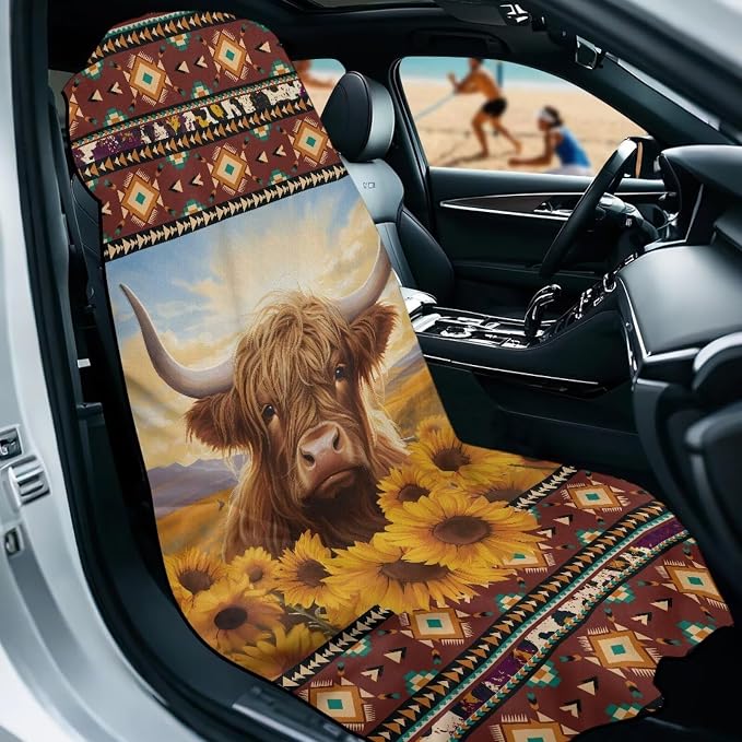 INSTANTARTS Aztec Sunflower Highland Cow Car Seat Towel Cover Yoga Towel Car Seat Cover