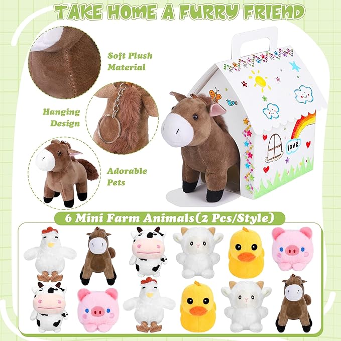31 Pieces Farm Animal Puppy Party Favors 12 Mini Plush Farm Animals with Keychain Include Adopt a Puppy Sign DIY White House, Paint Brushes Stickers for Birthday Xmas DIY Craft Party Gifts
