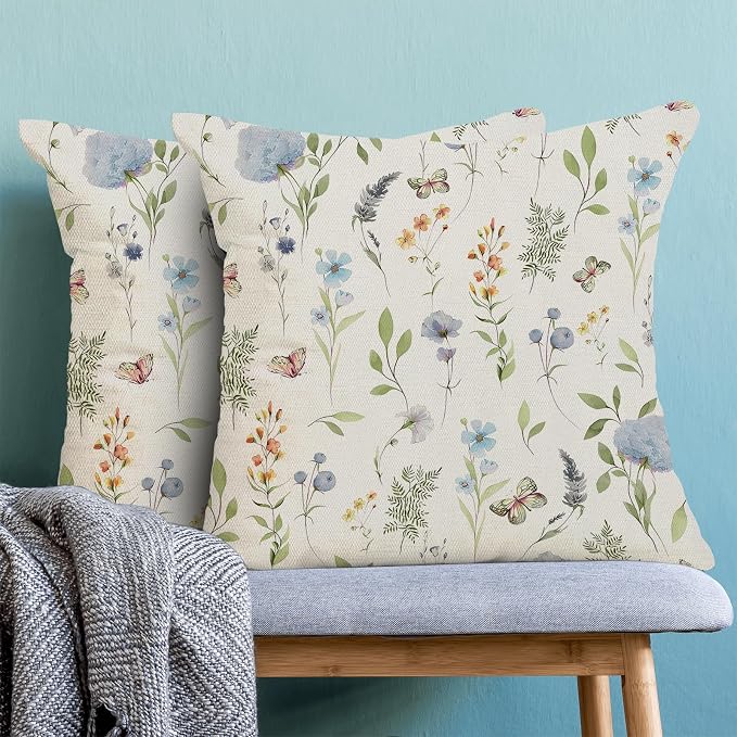 Spring Pillow Covers 16x16 Inch Set of 2, Sage Green Blue Wild Flower Throw Pillows Case,Colorful Seasonal Floral Plant Outdoor Decorative Farmhouse Decor Cushion Covers for Home Sofa Bed Couch
