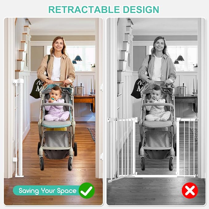 EZIGO Retractable Baby Gates Extra Wide Baby Gate for Large Opening Extra Long Mesh Gate for Kids or Pet Dog Gate Child Safety Gate for Stairs Hallways Doorway Indoor Outdoor (White, 41" X 55")