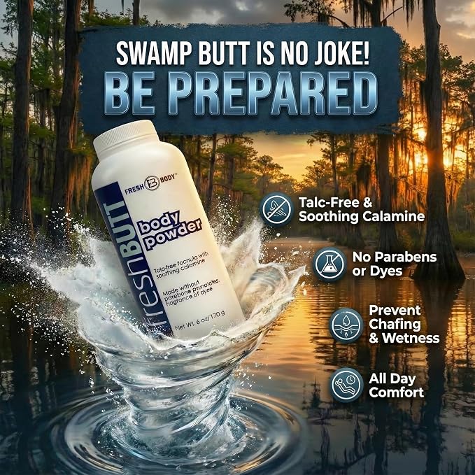 Fresh Butt Body Powder for Men & Women - Talc-Free with Calamine for Friction Fighting, Anti-Chafing, Anti-Itch, Odor & Sweat Absorbing, Unscented, 6oz