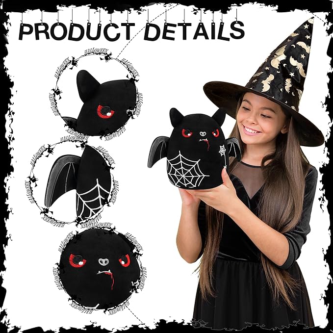 Halloween Stuffed Animal Plush Toy - 8 Inch Spider Web Black Bat Plush Pillow Soft, Cute Stuff Animals Plushies Toys Gifts for Kids Girls Boys, Halloween Birthday Party Decorations